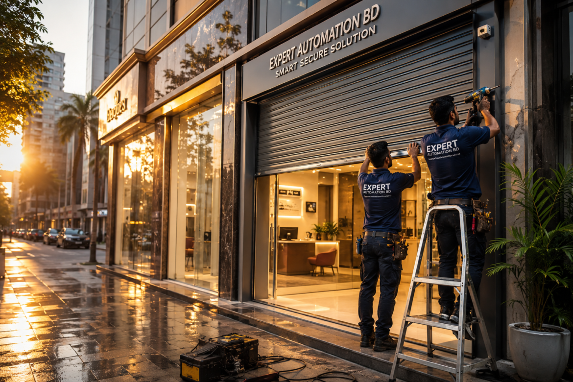 Professional rolling shutter installation in Dhaka by Expert Automation BD techniciansProfessional rolling shutter installation in Dhaka by Expert Automation BD Rolling Shutter Installation – Expert Automation BD Professional দক্ষ টেকনিশিয়ান দল ঢাকার একটি আধুনিক কমার্শিয়াল শপে প্রফেশনাল ইলেকট্রিক রোলিং শাটার ইনস্টল করছে।